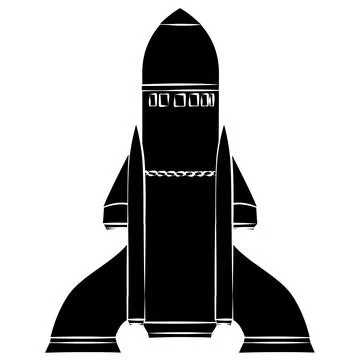 Black silhouette of space rocket with massive racks, isolated on white. Illustrazione stock