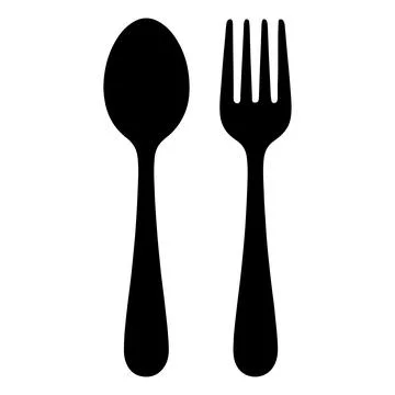 Black silhouette of spoon and fork cutlery icon isolated on white background. 스톡 일러스트