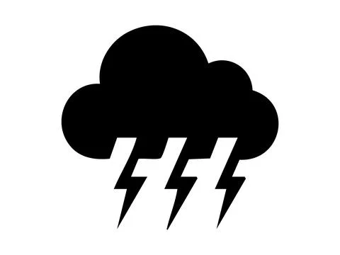 Black silhouette of storm cloud with lightning bolts isolated on white Stock Illustration