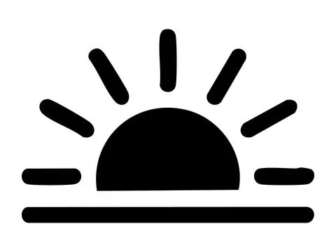Black silhouette of sun icon with rays, isolated on white background, graphic Stock Illustration