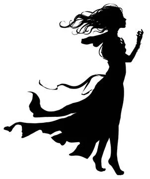 A black silhouette of a touching girl slowly gracefully walking forward baref Stock Illustration