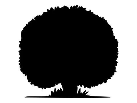 Black silhouette of a tree with dense foliage and grass at base on white Stock Illustration