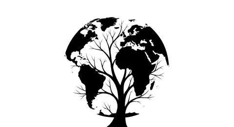 Black silhouette of tree with world map イラスト素材