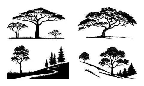 Black silhouette trees on white background landscape イラスト素材