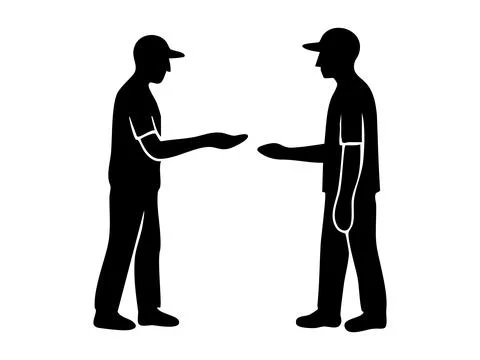 Black silhouette of two men in caps standing face to face with outstretched Stock Illustration