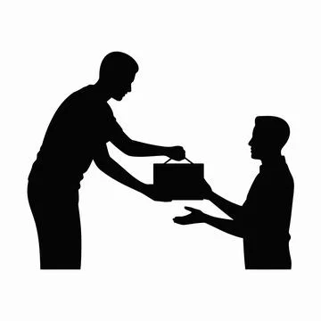 Black silhouette of two men exchanging a gift box Stock Illustration