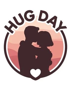 Black silhouette of two people hugging with pink heart and red "hug day" te.. Stock Illustration