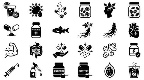 Black silhouette vector icons set representing health nutrition supplements Stock Illustration