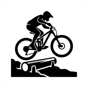 Black Silhouette Vector Illustration of a Mountain Biker Jumping Over a Log Иллюстрация
