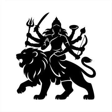 Black silhouette vector illustration of a multi armed Hindu goddess riding .. Иллюстрация