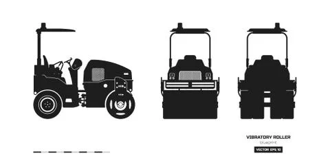Black silhouette of vibratory roller. Side, back, front view. Building machinery Stock Illustration