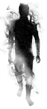 The black silhouette of a walking man dissolving in a smoky fog, his body con Illustration