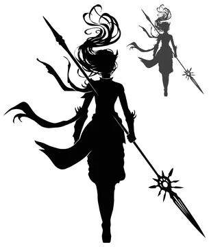 A black silhouette of a warrior with an unusual spear with a star on the end, Stock Illustration