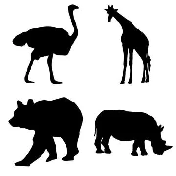 Black silhouette wild animals vector set - ostrich, giraffe, bear, rhinoceros Stock-Illustration
