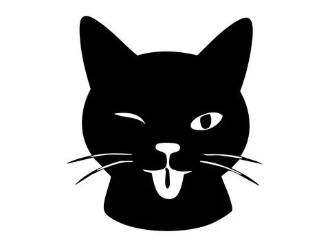 Black silhouette of winking cat face with tongue out, isolated on white Stock Illustration