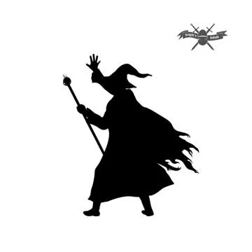 Black silhouette of wizard with hat and staff. Isolated image of magician Stock Illustration