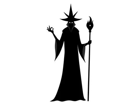 Black silhouette of a wizard isolated on a white background. Concept of Hallo Stock Illustration