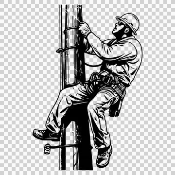 Black Silhouette Worker Climbing Pole harness helmet white Иллюстрация