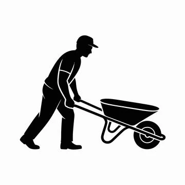 Black silhouette of a worker pushing a wheelbarrow, side view Stock Illustration