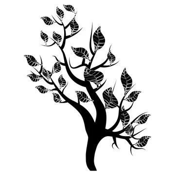 Black silhouette of young shoot of tree with leaves isolated on white. Stock Illustration
