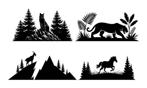Black silhouettes of animals and trees on white background animal Stock Illustration