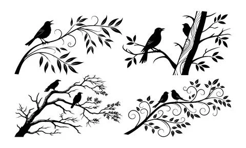 Black silhouettes of birds on tree branches leaf Illustrazione stock
