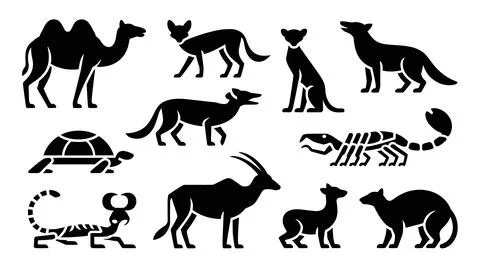 Black silhouettes of camel, fox, hare, scorpion, snake, lizard, tortoise, a.. Stock Illustration