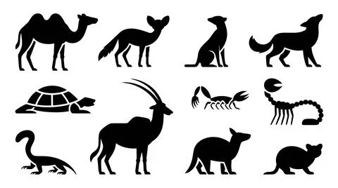 Black silhouettes of camel, scorpion, lizard, jackal, snake, fox, tortoise,.. Stock Illustration