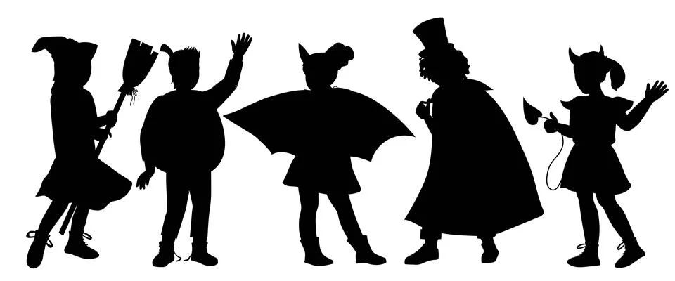 Black silhouettes of children in Halloween costumes flat cartoon vector isola Stock Illustration