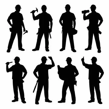 Black silhouettes of construction workers holding tools and plans hammer Stock Illustration