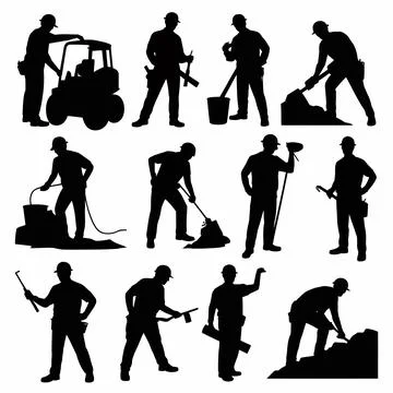 Black silhouettes of construction workers performing various tasks figures イラスト素材