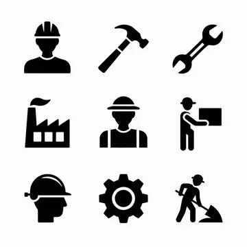 Black silhouettes of construction workers, tools, and industry equipment ou.. Stock Illustration
