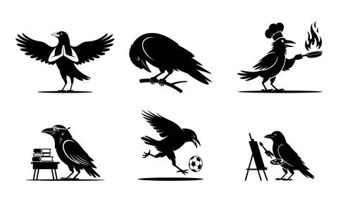 Black silhouettes of crows in various activities white background birds 스톡 일러스트