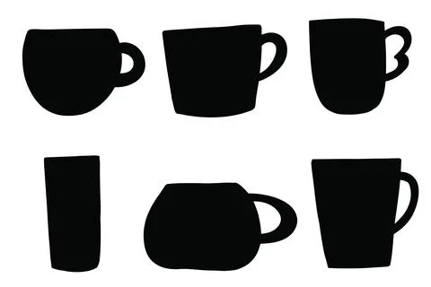 Black silhouettes of cups of different shapes isolated on a white background Stock Illustration