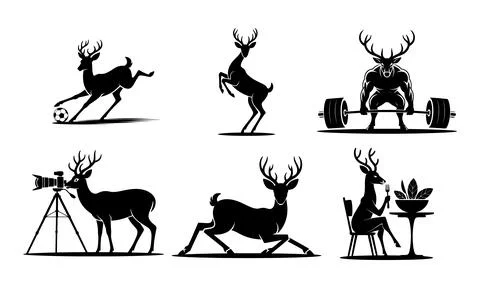Black silhouettes of deer in various activities white background soccer Stock Illustration