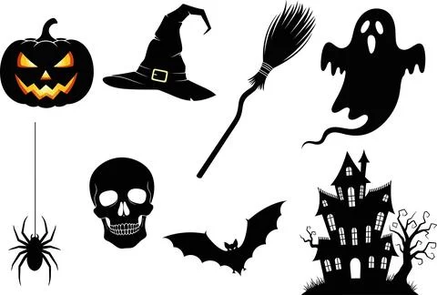 Black silhouettes of Halloween elements like pumpkin, ghost, spider, skull, h Stock Illustration