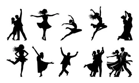 Black silhouettes of people dancing alone or in pairs dance white background Stock Illustration