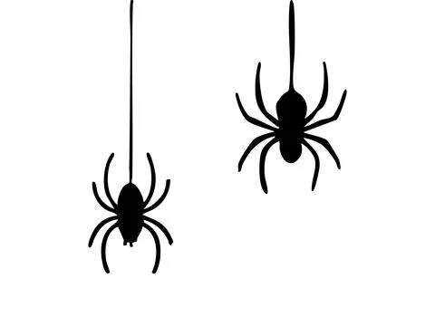 Black silhouettes of spiders hanging from threads, isolated on white background Stock Illustration
