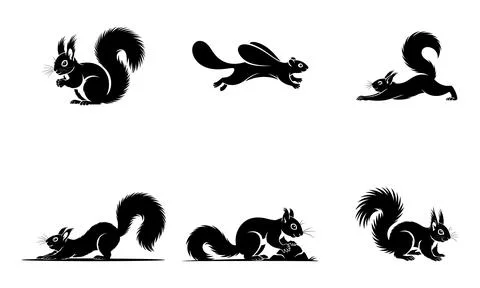 Black silhouettes of squirrels and a rabbit in various poses white Stock Illustration