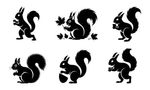 Black silhouettes of squirrels in various poses animal wildlife Stock Illustration