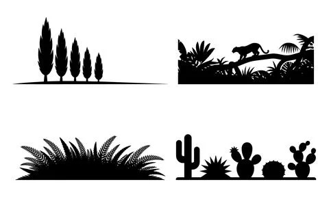 Black silhouettes of trees cacti and jungle plants on white background Stock Illustration