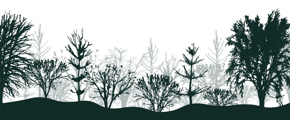 Black silhouettes of trees in forest background Stock Illustration