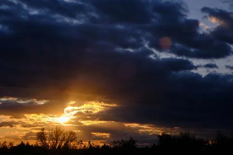 Black silhouettes trees, storm clouds with light breaking through from sun Stock Photos