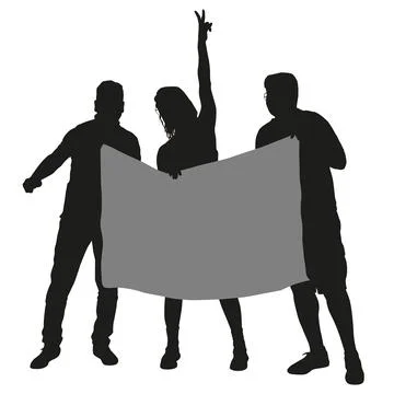 Black silhouettes of two men and one woman holding a blank banner isolated on Stock Illustration
