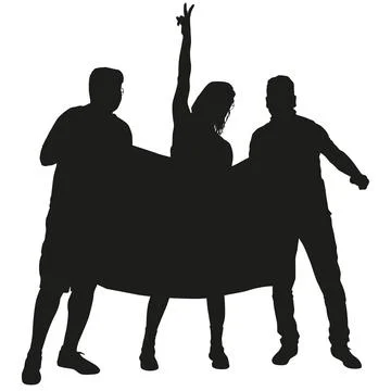 Black silhouettes of two men and one woman holding a blank banner isolated .. Stock Illustration
