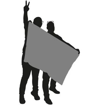 Black silhouettes of two men holding a blank banner isolated on a white backg Stock Illustration