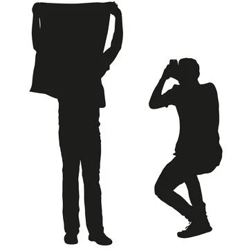 Black silhouettes of two men holding a blank banner isolated on a white bac.. Stock Illustration