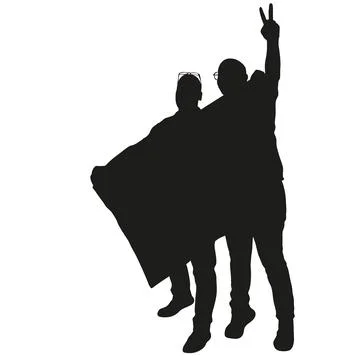 Black silhouettes of two men holding a blank banner isolated on a white bac.. Stock Illustration