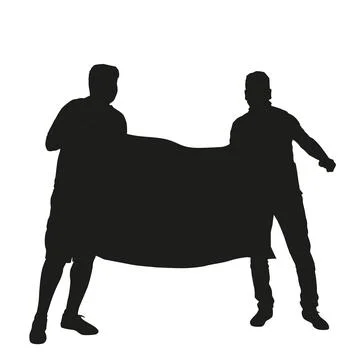 Black silhouettes of two men holding a blank banner isolated on a white bac.. Stock Illustration