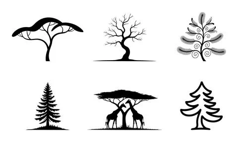 Black silhouettes of various trees and giraffes on white background Stock Illustration